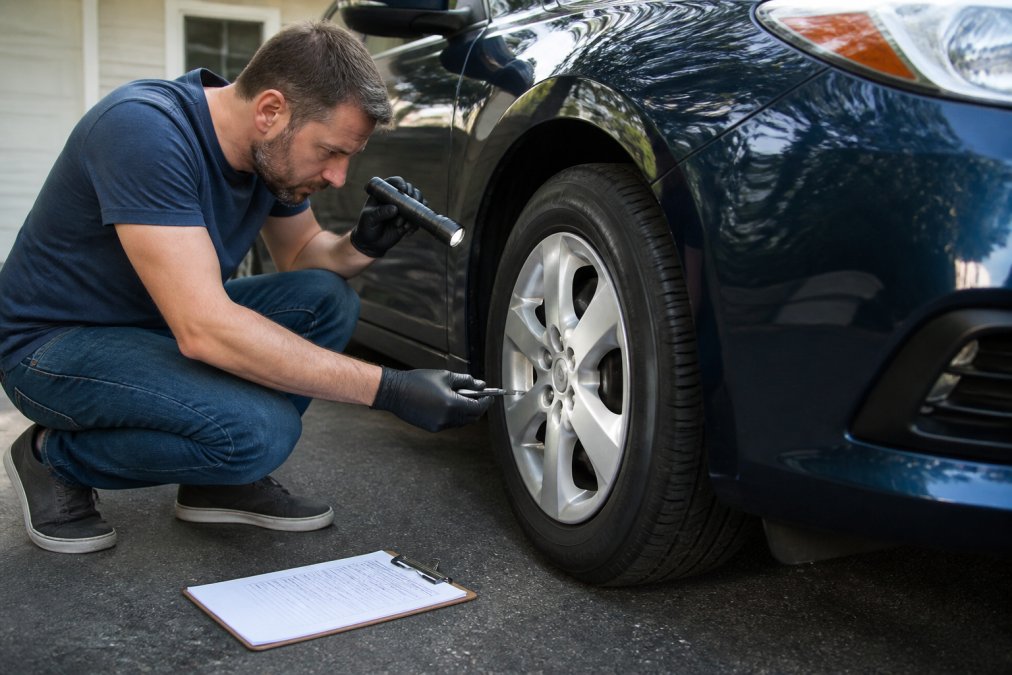 Person checking the tire tread of a used car with a gauge and clipboard on a driveway during a pre-purchase inspection.