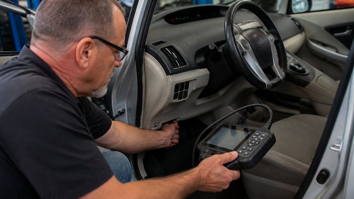 A mechanic in a well-lit garage using a handheld scan tool plugged into a hybrid car's diagnostic port, dashboard glowing in the background