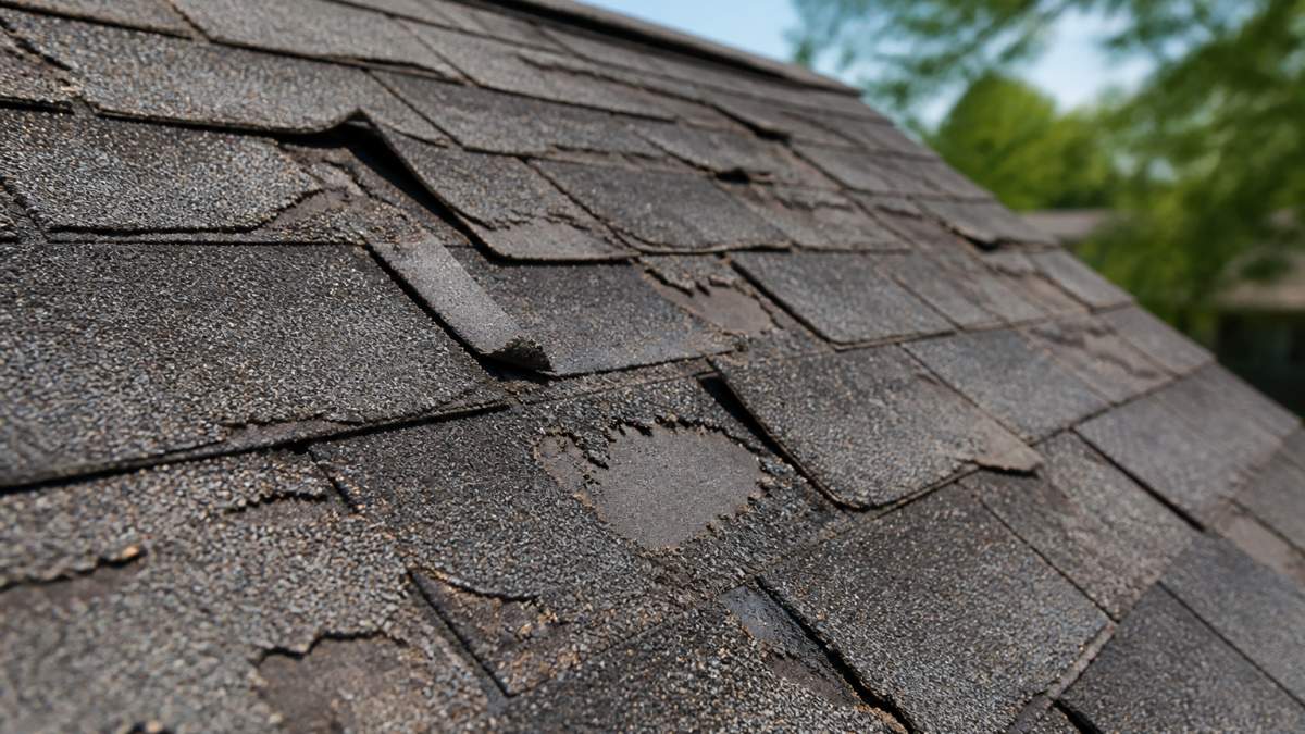 Close-up of damaged asphalt shingles showing curling edges, missing pieces, and visible granule loss on a residential roof under sunlight