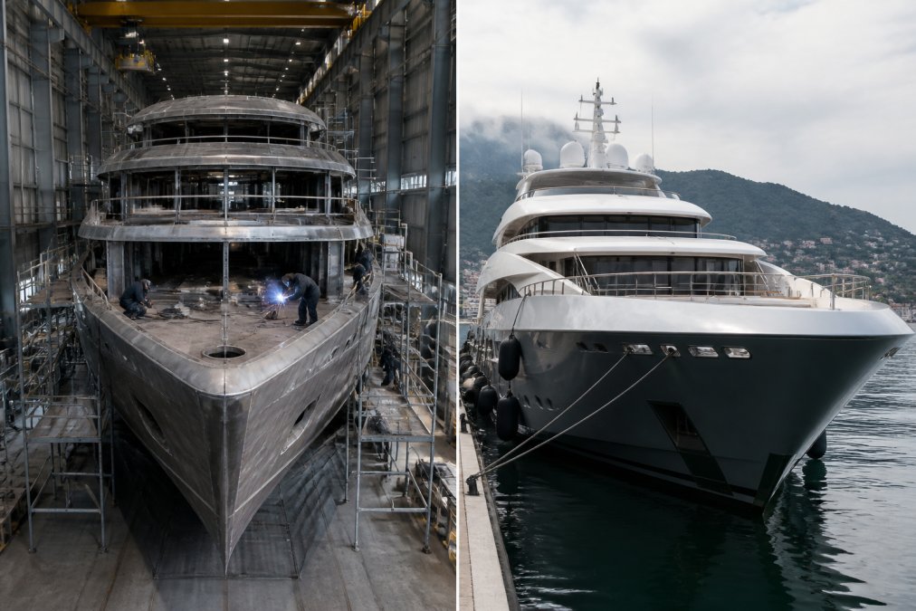 A modern superyacht under construction in a specialized shipyard, showing the steel hull structure, interior framework, and skilled workers performing welding and assembly work under industrial lighting
