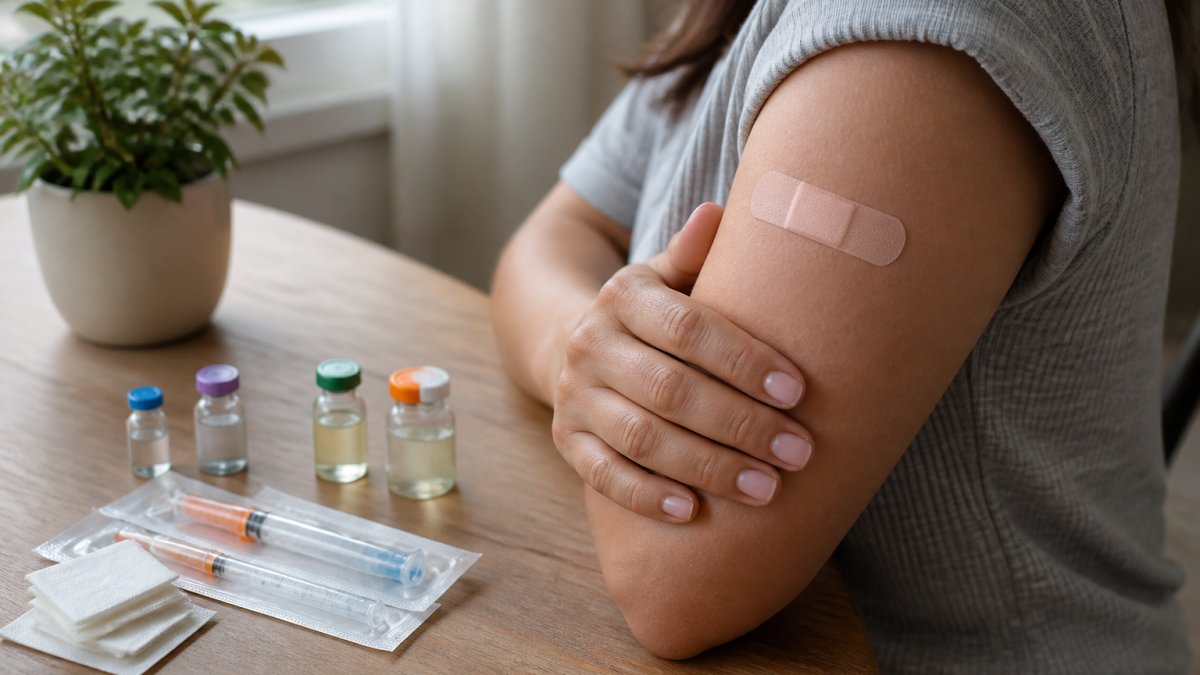 Close-up of a person's arm showing proper injection site care with a clean bandage, demonstrating gentle hand positioning after administration