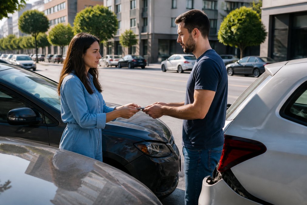 Two drivers standing by their damaged vehicles exchanging insurance cards and contact information at an accident scene on a city street with buildings visible in background