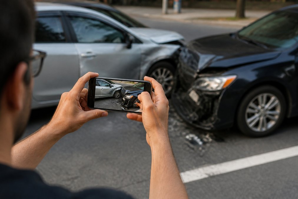 Close-up of hands holding a smartphone photographing vehicle damage and accident scene details, with damaged cars visible in background and street visible