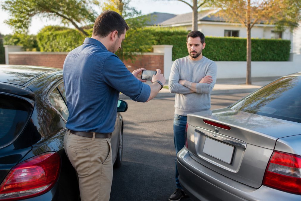 Two drivers standing beside their cars on a suburban road, one holding a smartphone to photograph the other's licence plate while both appear calm and cooperative, afternoon light
