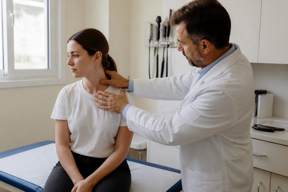 A doctor in a white coat reviewing a patient's neck and shoulder area in a clinical exam room, patient seated on an exam table looking attentive