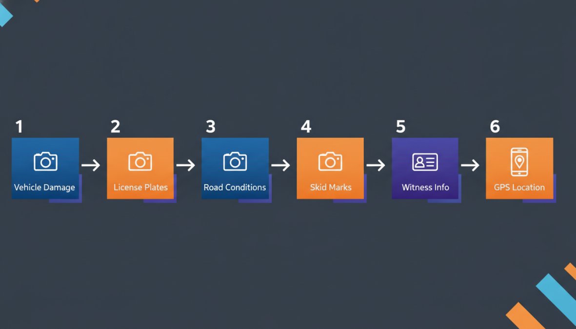 Flowchart showing 6 documentation steps at an accident scene: 1-Photograph vehicle damage, 2-Capture license plates, 3-Photo road conditions, 4-Record skid marks, 5-Collect witness contact info, 6-Screenshot GPS location