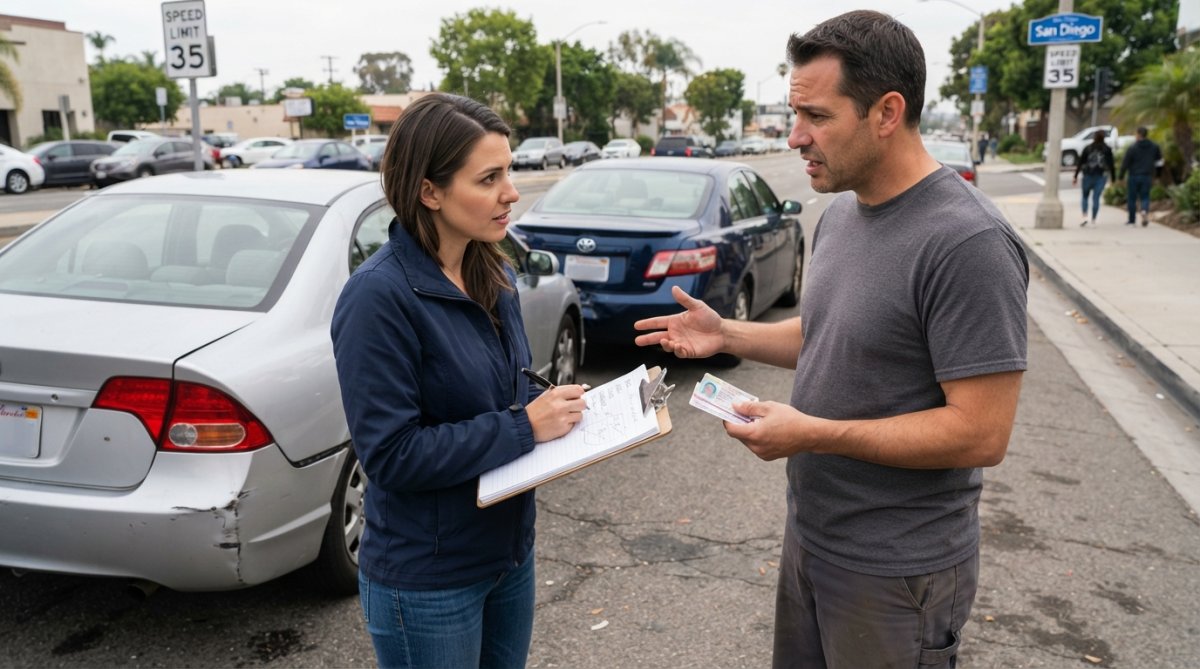 Close-up of driver's hands exchanging insurance cards and contact information with another driver at an accident scene on a residential street