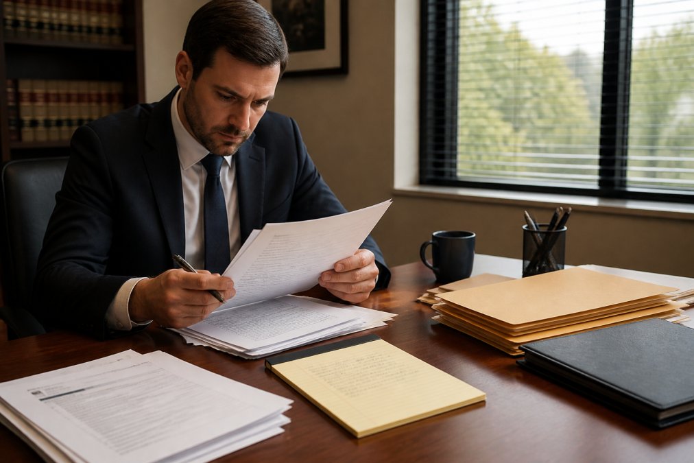 Business professional at desk reviewing contract documents, emails printed on paper, organizing materials into labeled folders, taking handwritten notes, natural office lighting