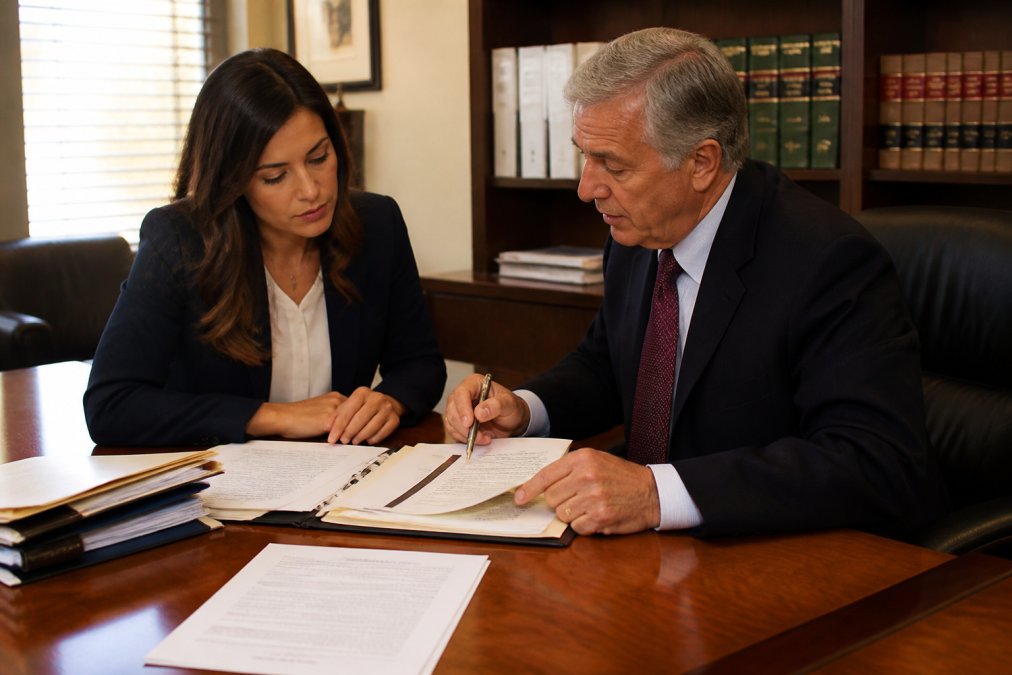 Client and attorney in professional law office meeting, reviewing contract documents and dispute materials on desk, discussing strategy with papers and files visible, professional lighting