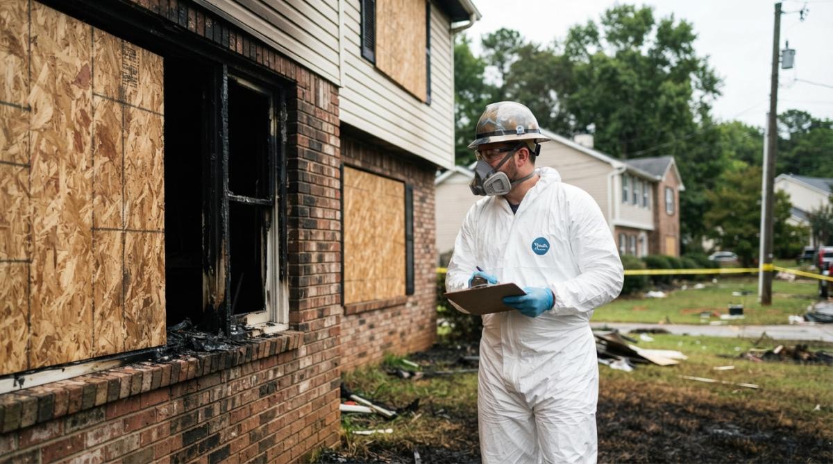 Restoration team member in protective gear and safety equipment assessing fire damage to a home's exterior with boarded-up windows visible and charred siding