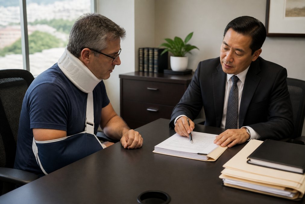 Professional attorney meeting with motorcycle accident victim at consultation table reviewing documents and case information, with serious discussion and case files visible