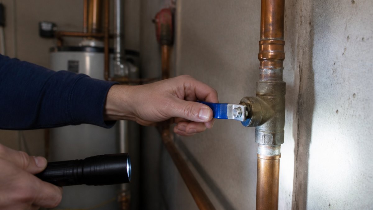 Close-up of a homeowner's hands turning the lever handle of a main water shutoff ball valve in a garage utility room, flashlight beam lighting the valve and copper pipes