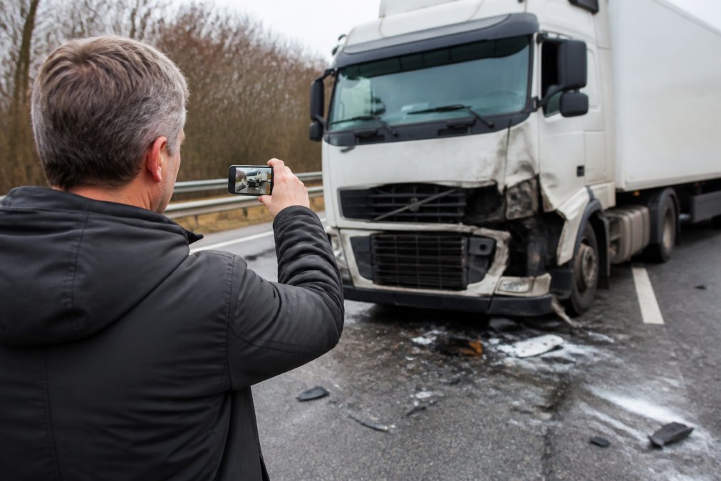 Person photographing damage to vehicles at accident scene with smartphone in hand, damaged commercial truck visible in background, overcast daylight