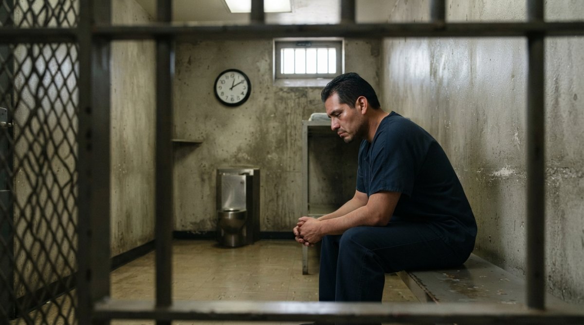 Person sitting in a detention holding cell, looking thoughtful with a wall-mounted clock visible in the background showing the passage of time during the first 24 hours after arrest