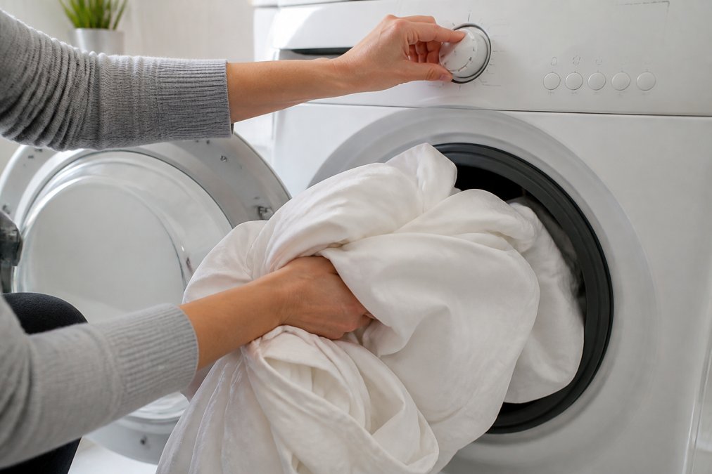 Close-up of someone loading white bedding and clothing into a washing machine, with their hand adjusting the high-temperature cycle dial on the front panel