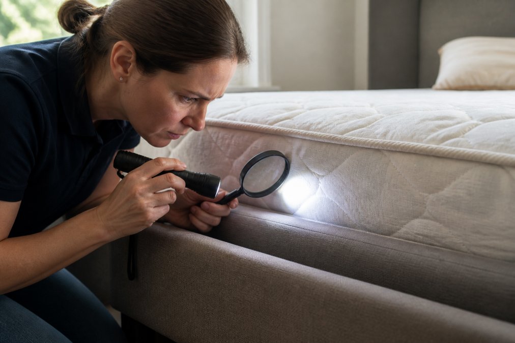 A homeowner using a flashlight and magnifying glass to inspect a mattress corner, checking for signs of bed bug activity in natural daylight