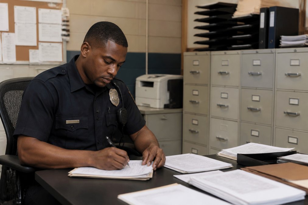 Law enforcement officer in uniform processing paperwork at a police station desk with computer terminal, filing cabinets, and booking forms visible in background