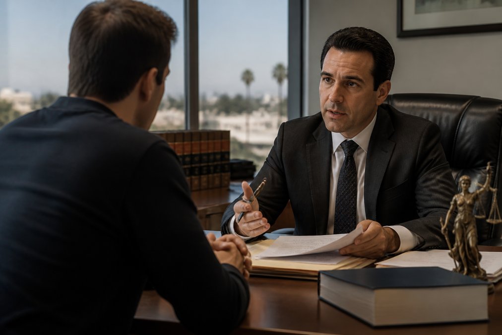 Criminal defense attorney meeting with client in a consultation room with legal documents and case files on desk, professional office lighting