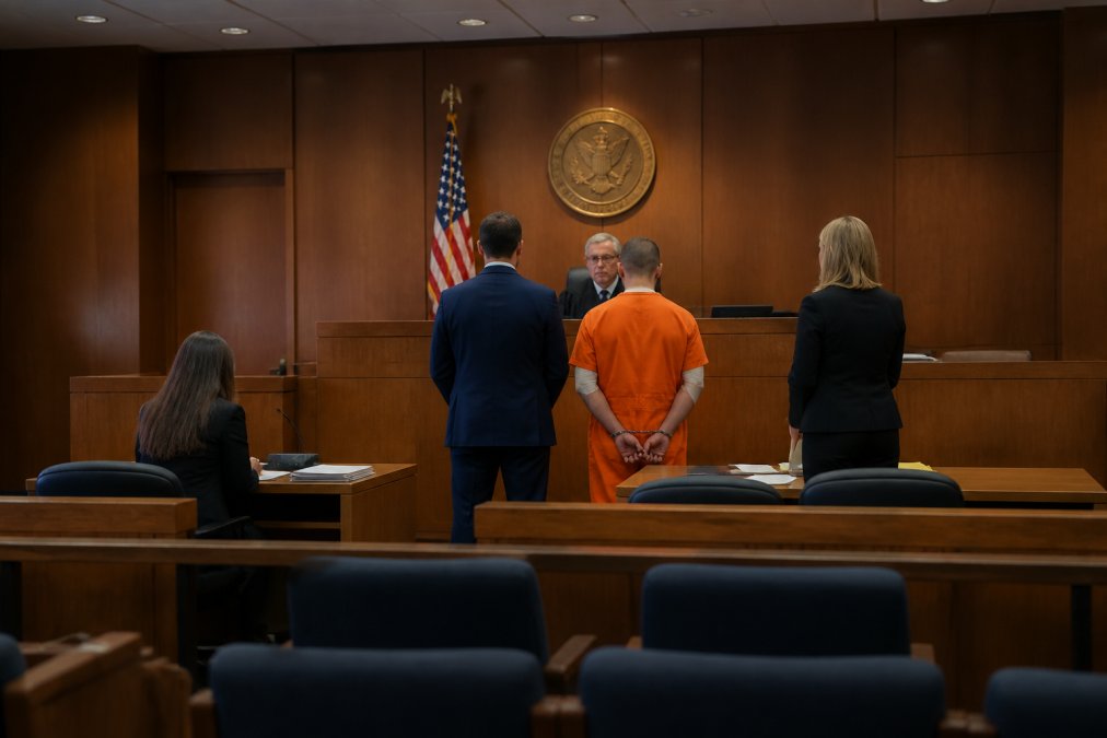 Interior of Los Angeles County courtroom with judge's bench elevated at front, defendant standing before the court, prosecutor and defense attorney at tables, American flag visible, professional courtroom lighting