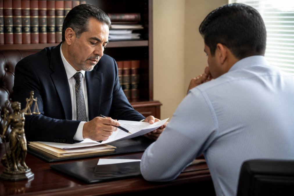 Criminal defense attorney meeting with a client in a professional law office consultation room, reviewing documents and case materials on a wooden desk with natural light from windows