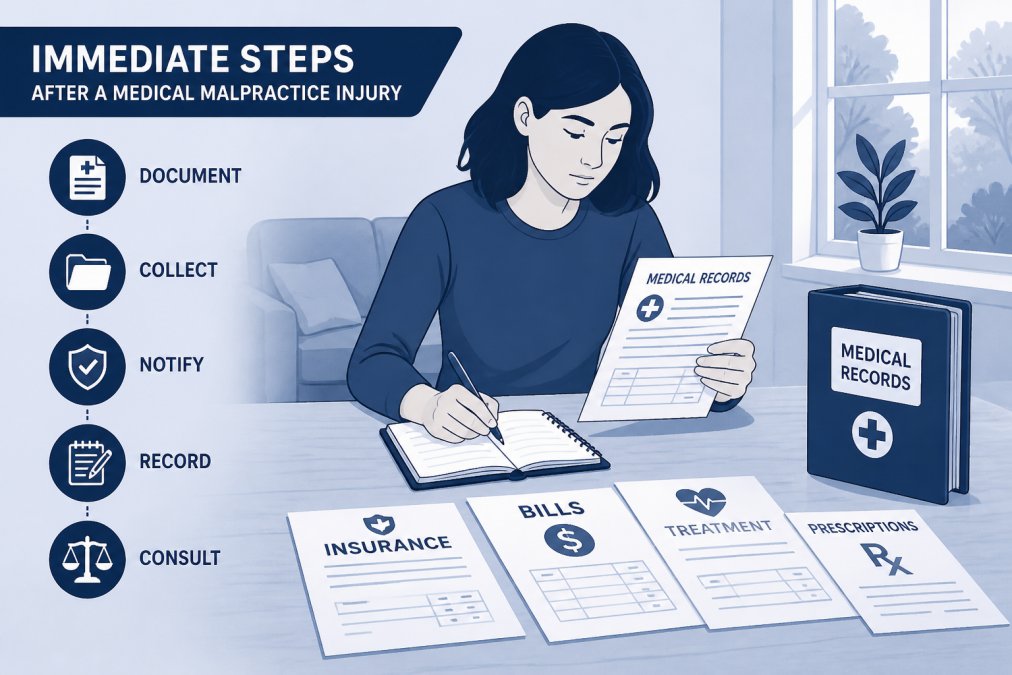 Patient sitting at home reviewing medical paperwork and taking notes in a notebook, with medical records and insurance documents spread across a table in natural daylight