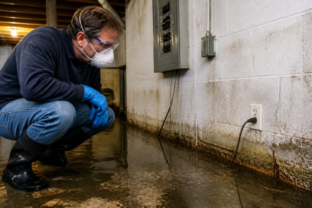 Homeowner wearing protective gloves, mask, and eye protection assessing water damage in a flooded basement, with visible water pooling around electrical outlets and a breaker box mounted on the wall in the background