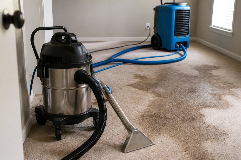 Professional restoration equipment including a wet/dry vacuum and industrial dehumidifier positioned in a carpeted room with visible water damage and extraction hoses, showing active water removal and drying in progress