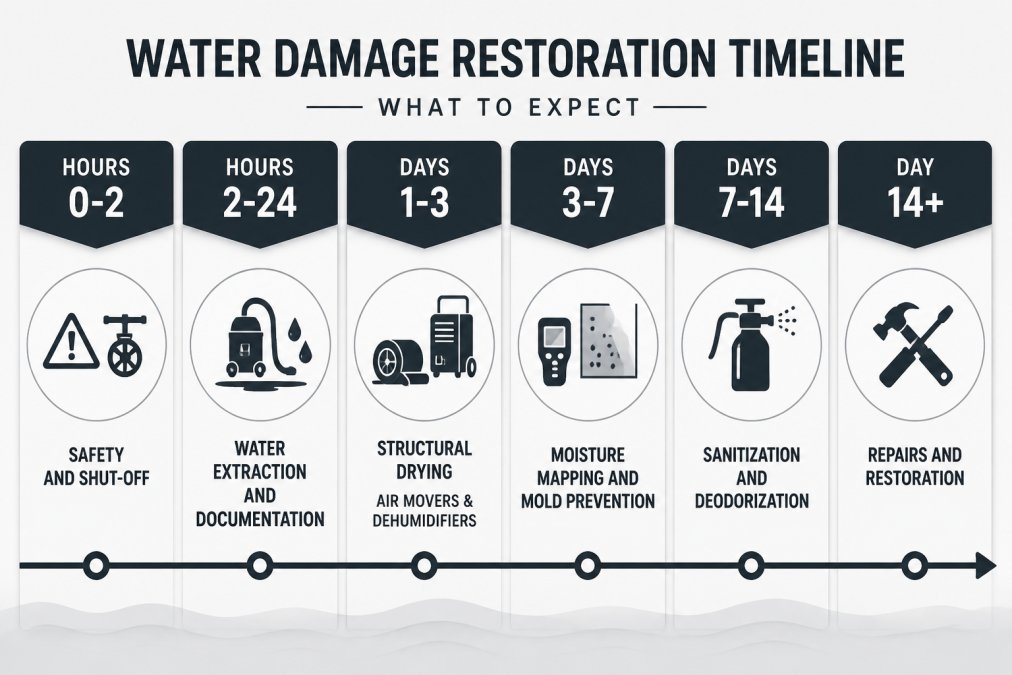 Timeline diagram showing water damage restoration phases: Hours 0-2 safety and shut-off, Hours 2-24 water extraction and documentation, Days 1-3 structural drying with air movers and dehumidifiers, Days 3-7 moisture mapping and mold prevention, Days 7-14 sanitization and deodorization, Day 14+ repairs and restoration