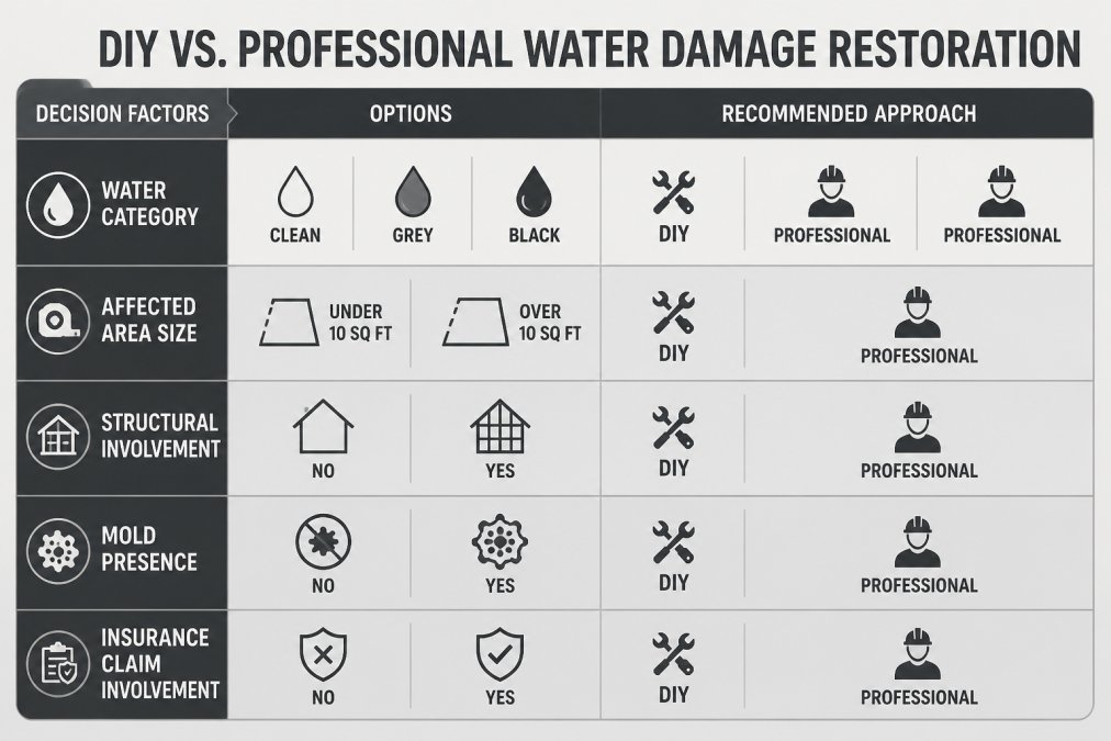 Decision matrix comparing DIY vs. professional restoration across five factors: water category (clean/grey/black), affected area size (under 10 sq ft vs. over 10 sq ft), structural involvement (yes/no), mold presence (yes/no), insurance claim involvement (yes/no), each cell shows recommended approach