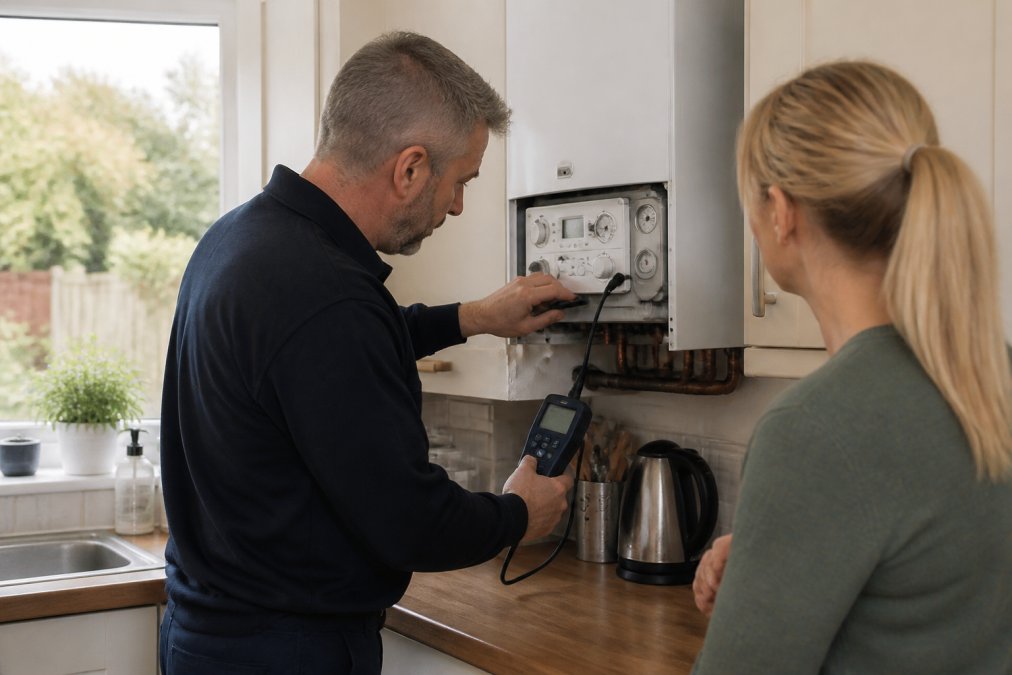A Gas Safe registered heating engineer in uniform examining a boiler control panel with diagnostic tools and meter in a residential home kitchen