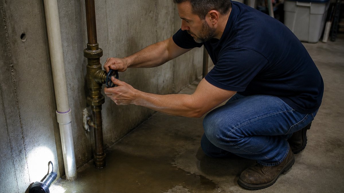 A homeowner kneeling beside a basement wall, hands turning a brass main shutoff valve on a water line, flashlight propped nearby, damp concrete floor visible
