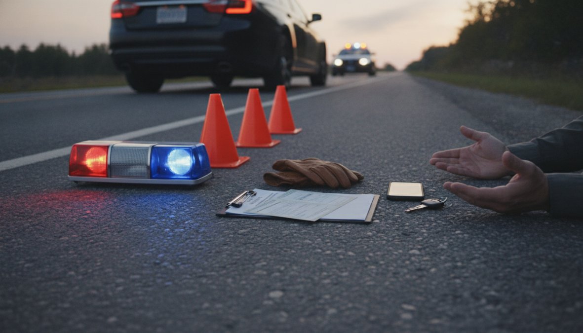Driver pulling vehicle safely to the side of a road with emergency lights visible in the background, hands visible on steering wheel, calm focused expression