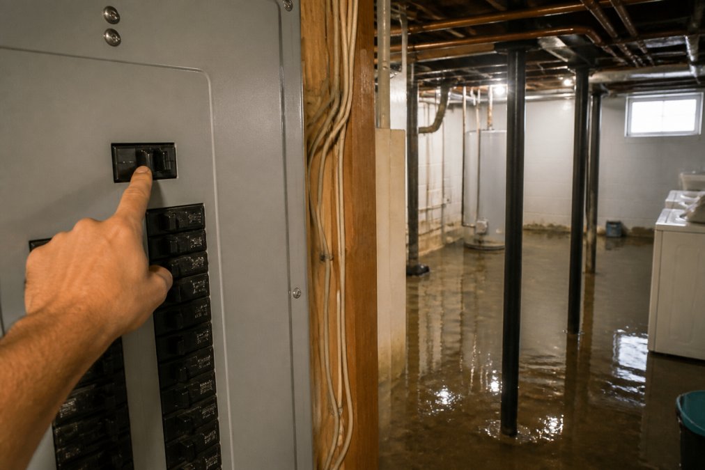 Close-up of a homeowner's hand at an electrical breaker panel, pointing to the main switch being turned off, with water visible on the basement floor in the background