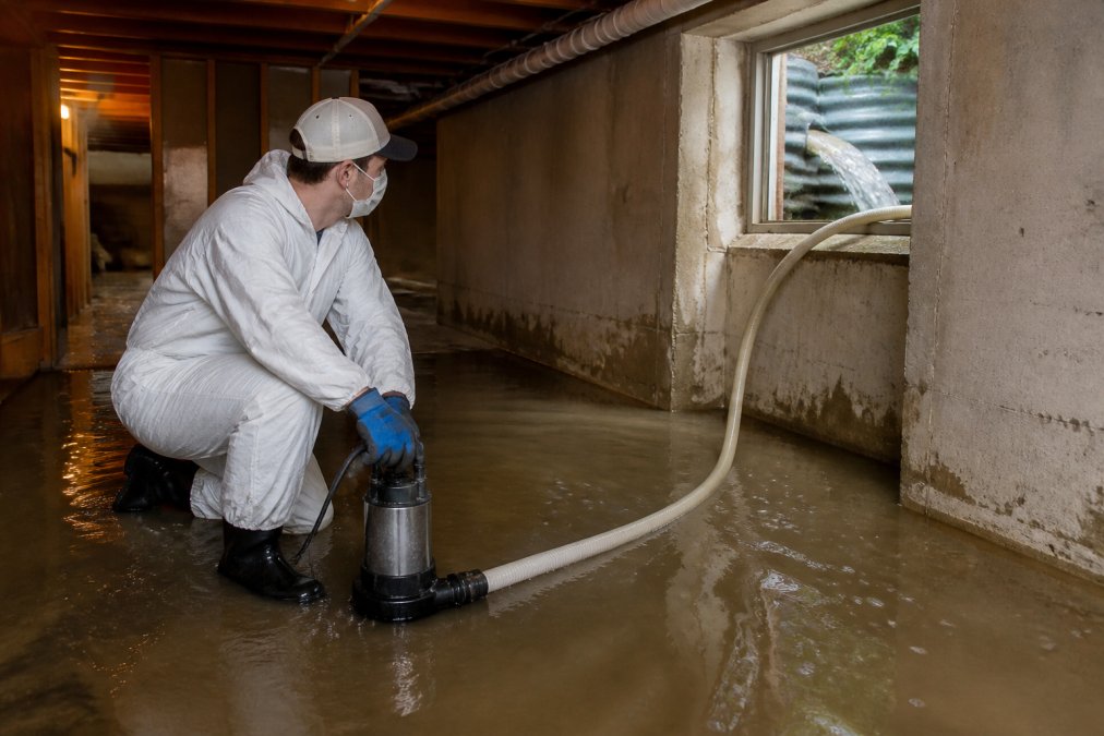 A person in protective gear operating a submersible pump in a flooded basement, with water being discharged through a hose toward a window well, showing the active removal process