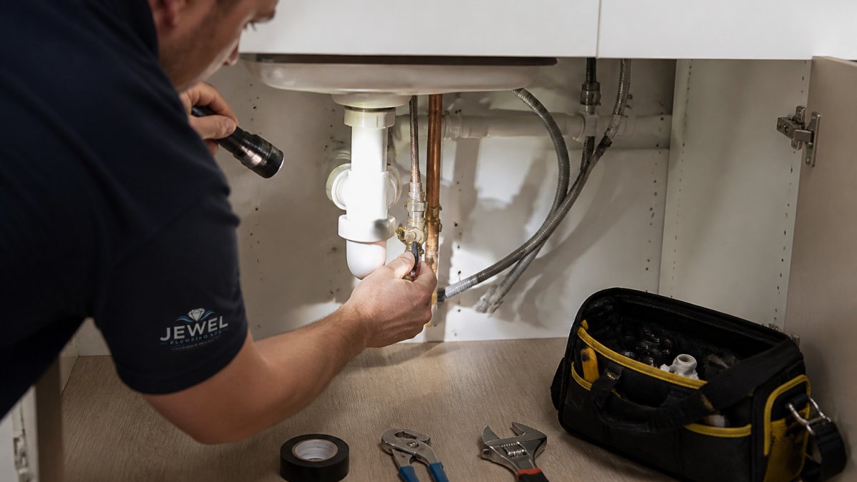 A homeowner's hands turning the stopcock valve on a copper water pipe under a kitchen sink, with a torch illuminating the area