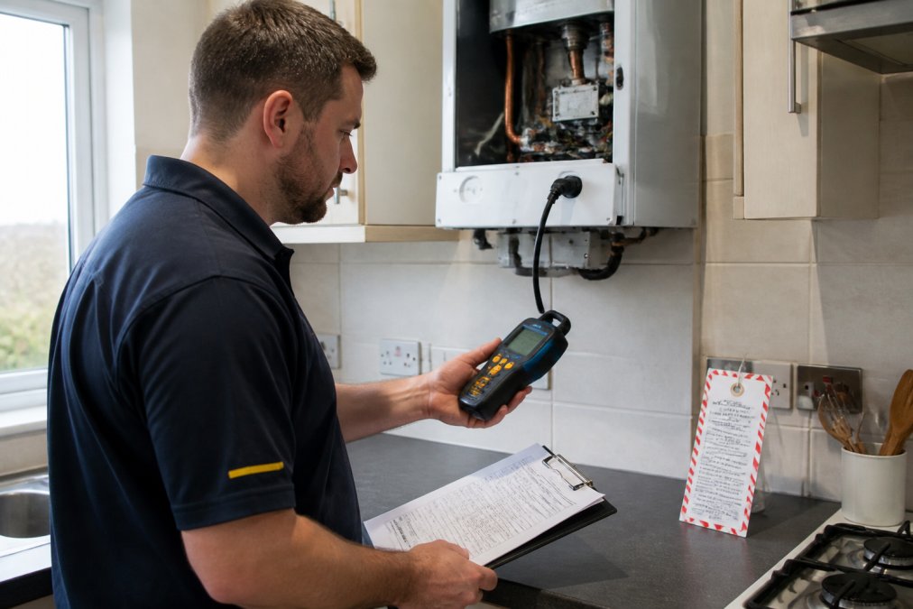 A Gas Safe registered engineer in uniform using a flue gas analyser on a wall-mounted boiler in a typical home kitchen, with a clipboard and warning notice tag visible nearby