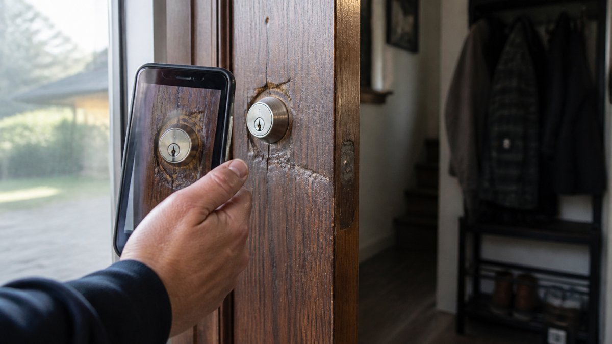 Close-up of a homeowner's hand holding a smartphone, photographing visible scratches and dents on a wooden door frame and lock cylinder, with natural window light illuminating the damage