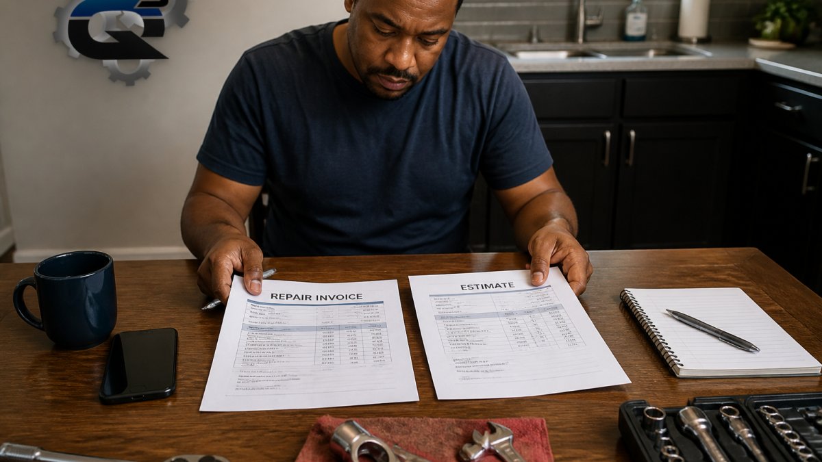 A person at a kitchen table reviewing a car repair invoice and estimate side by side, with a smartphone and pen nearby for notes