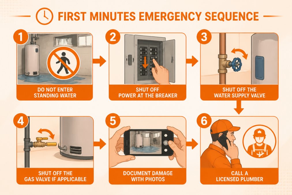Flowchart of the first-minutes emergency sequence: 1) Do not enter standing water, 2) Shut off power at the breaker, 3) Shut off the water supply valve, 4) Shut off the gas valve if applicable, 5) Document damage with photos, 6) Call a licensed plumber