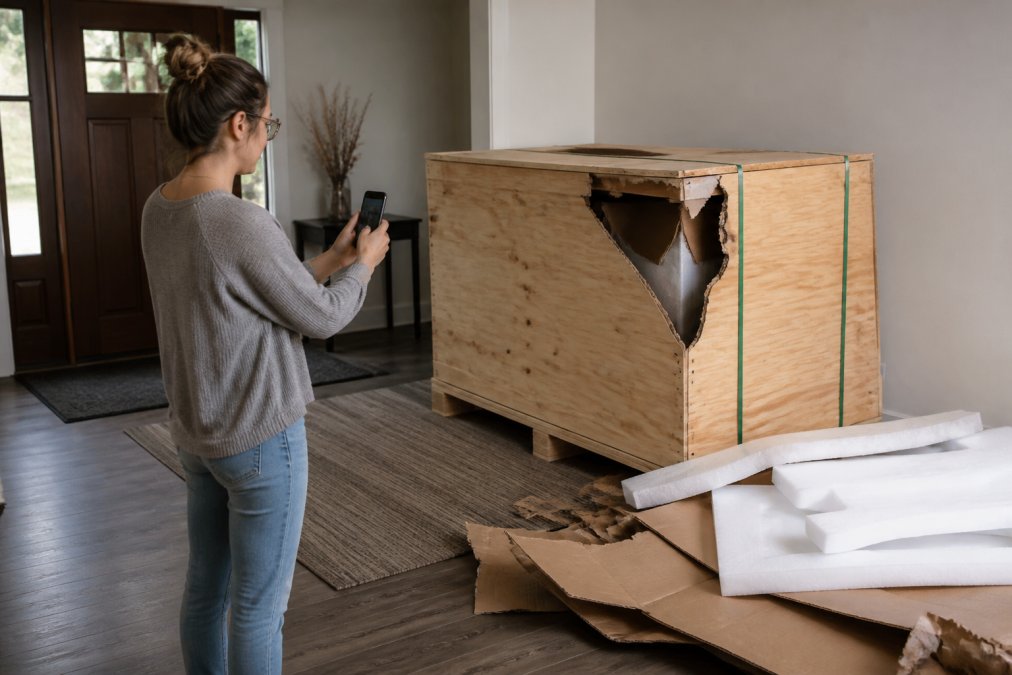 A homeowner in a well-lit entryway photographing a large wooden furniture crate with a smartphone, cardboard packaging and protective foam visible on the floor beside the crate