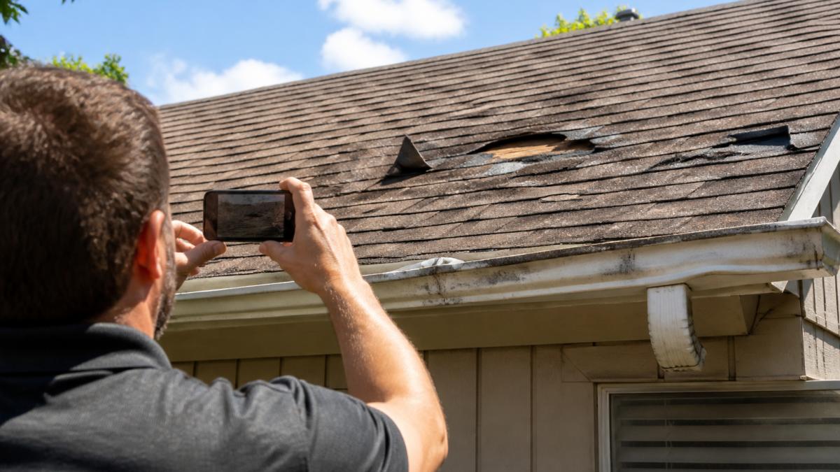 Homeowner photographing roof damage with smartphone, capturing hail dents and missing shingles in bright daylight from ground level with damaged gutter visible