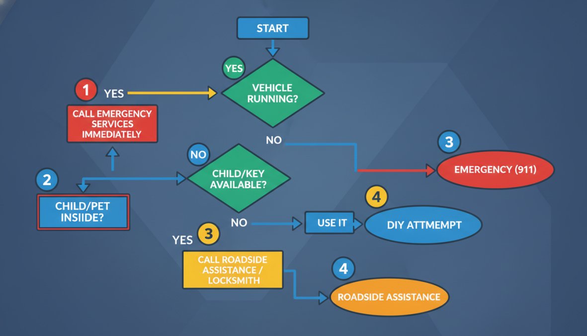 Flowchart diagram showing decision path for car lockouts: Is vehicle running? Yes → Call emergency services immediately. No → Is child or pet inside? Yes → Call 911. No → Spare key available? Yes → Use it. No → Call roadside assistance or professional locksmith. Labels include 3 outcomes: Emergency (911), Roadside Assistance, DIY Attempt