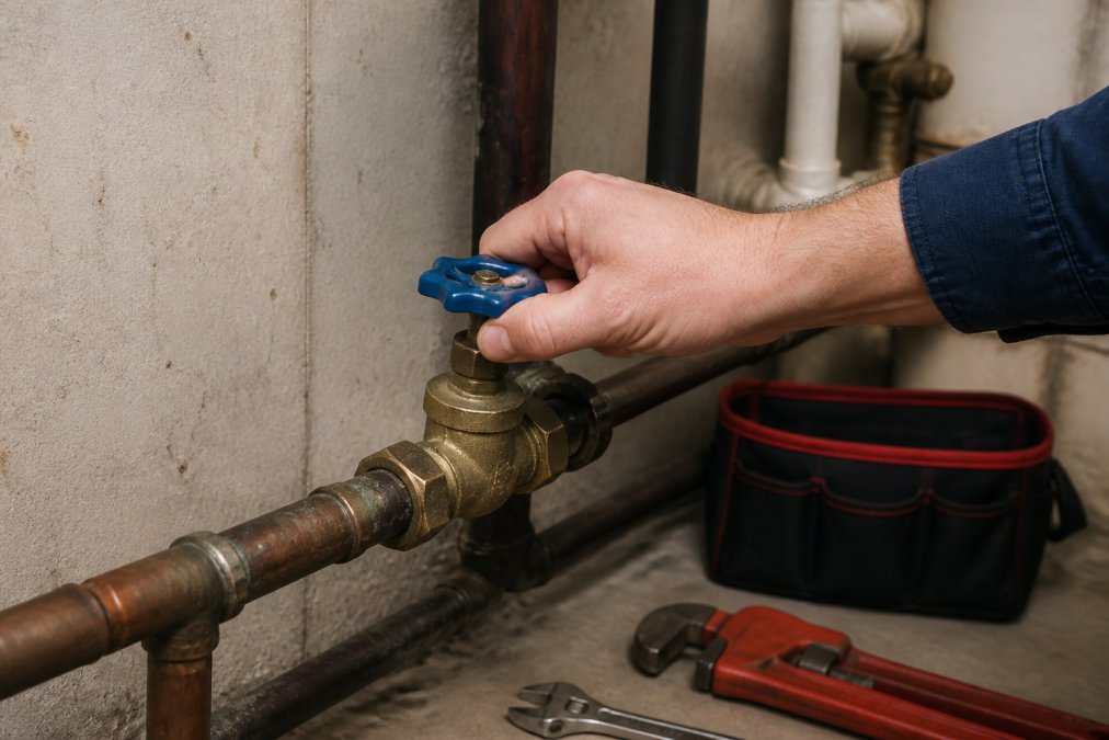Homeowner's hand turning the main water shut-off valve located in a basement utility area, with visible pipes and valve handle in clear focus