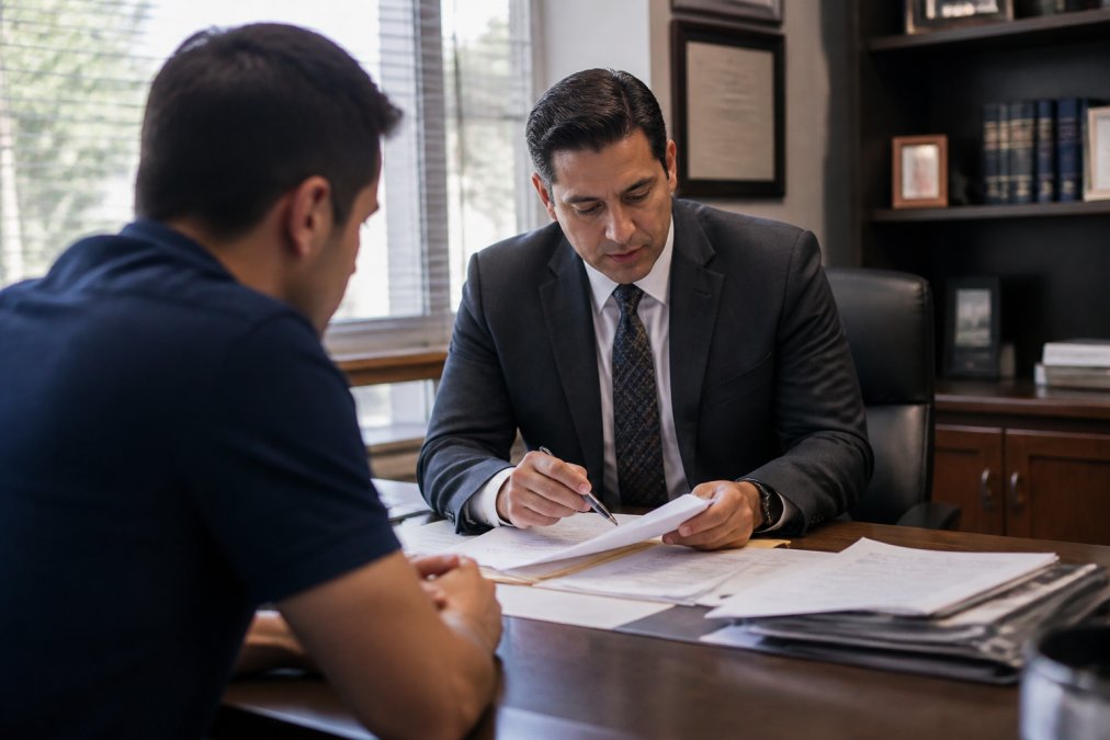 Professional criminal defense attorney sitting at desk across from client, reviewing case documents and warrant information in modern law office with natural lighting
