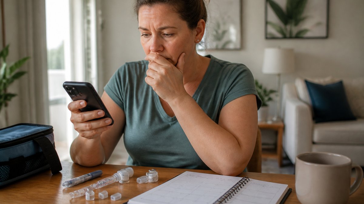 Person checking their phone calendar and injection supplies at home, looking at their weekly medication schedule with concern