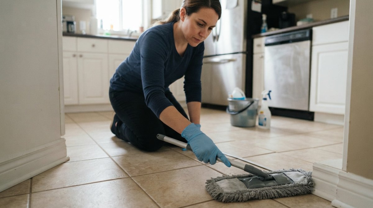 Person wearing protective gloves and using a damp mop on baseboards and floor crevices in a kitchen, demonstrating proper post-treatment cleaning technique with careful attention to corners and edges