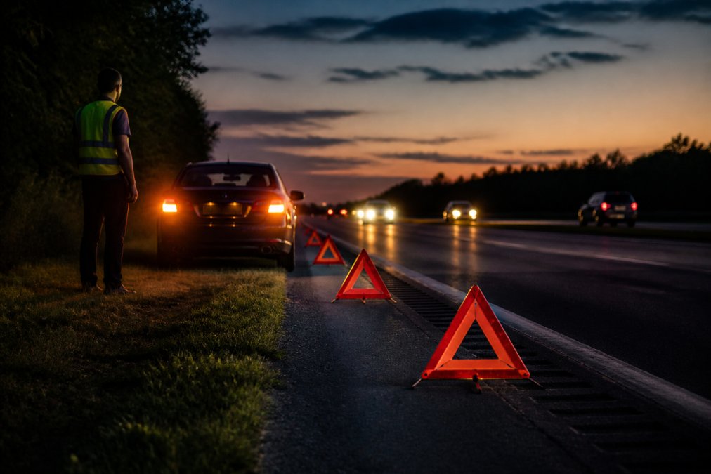 Vehicle on highway shoulder at dusk with hazard lights activated, reflective triangles positioned on road ahead, driver standing safely away from traffic on grass verge
