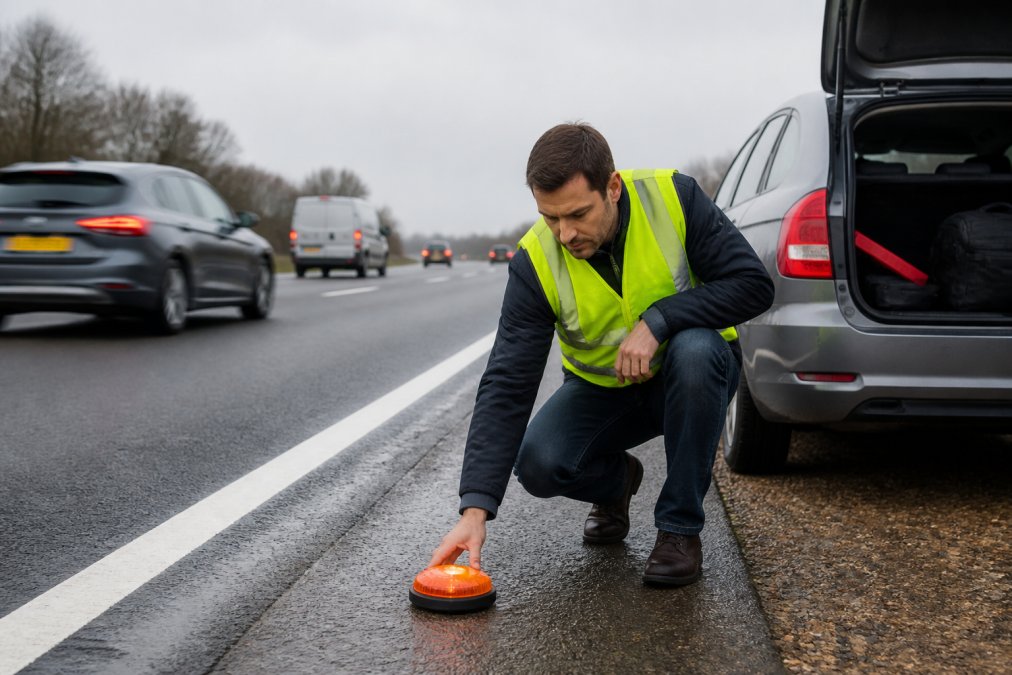 What to Do If Your Car Breaks Down in Heavy Traffic Driver in a high-visibility vest placing a warning beacon after a car breaks down on a busy motorway shoulder.