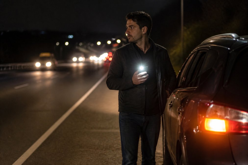 A driver standing beside a car pulled onto the right highway shoulder at night, hazard lights blinking, holding a phone with a flashlight on, looking toward oncoming traffic with a calm but alert expression