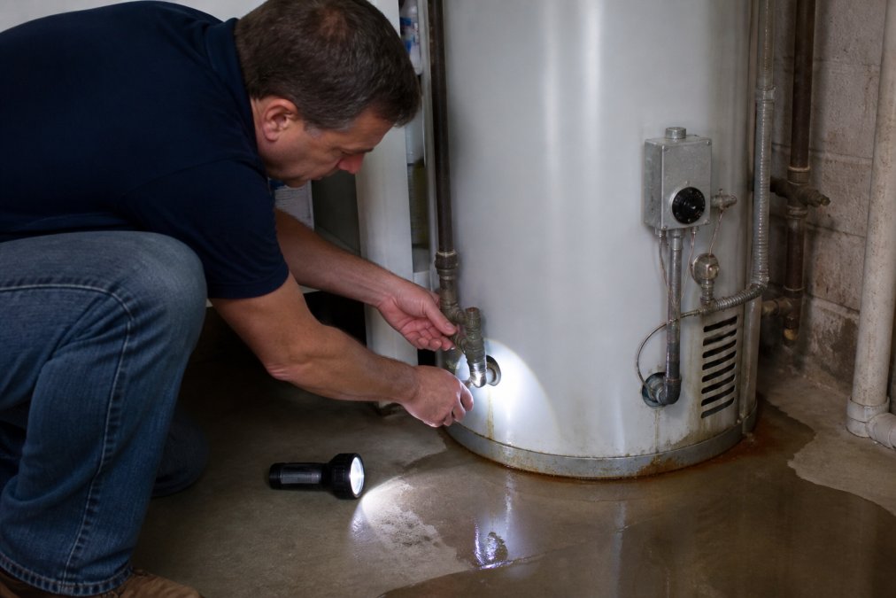 A homeowner in a basement utility room turning the shutoff valve on a residential water heater, with water pooling on the floor nearby and a flashlight illuminating the area